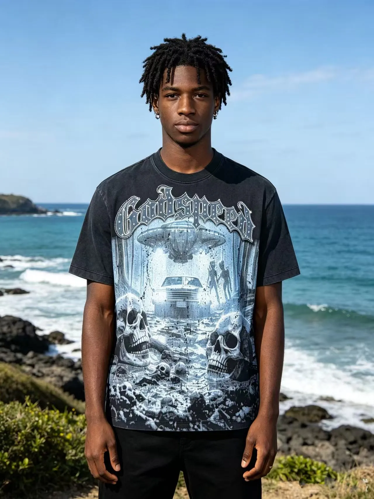 Godspeed Distressed Black Graphic Skull UFO T-Shirt