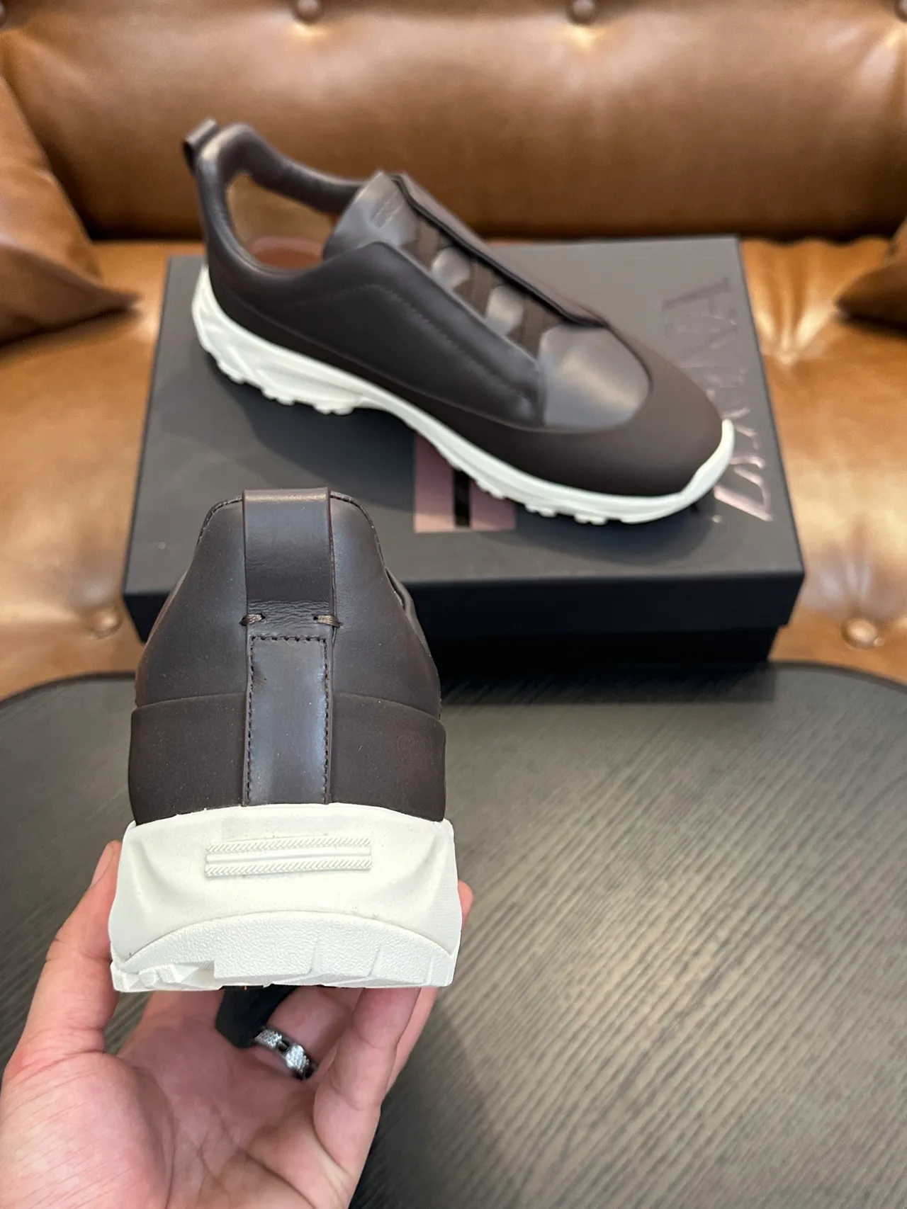 Zegna Brown White Slip-On Leather Upper Lifestyle Sneakers