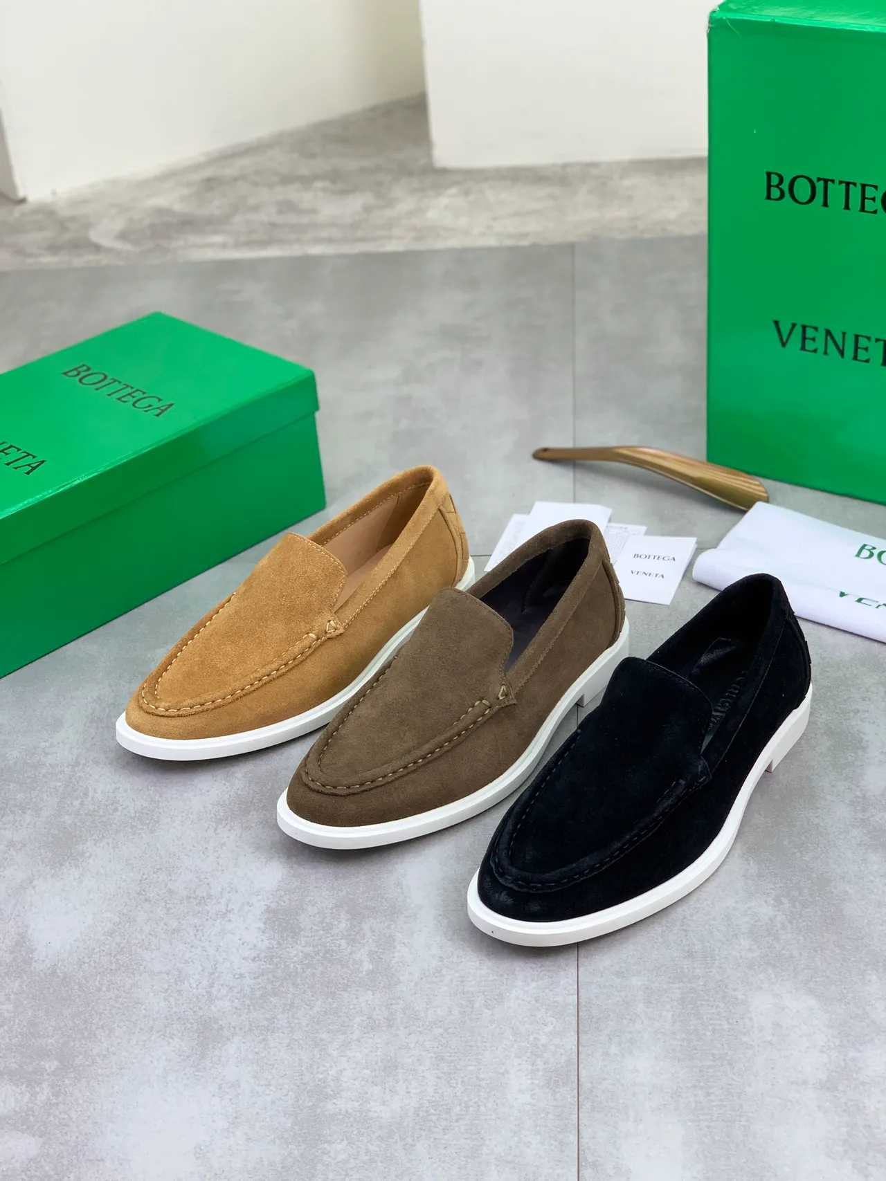 Bottega Veneta Andiamo Tan Suede Loafers