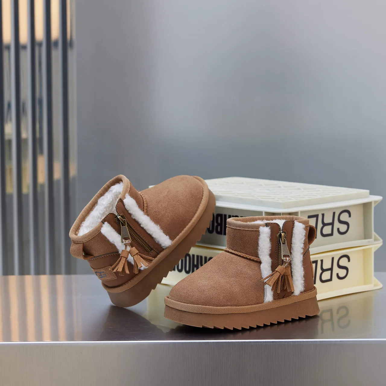 UGG Brown Beige Suede Upper Shearling-Lined Snow Boots