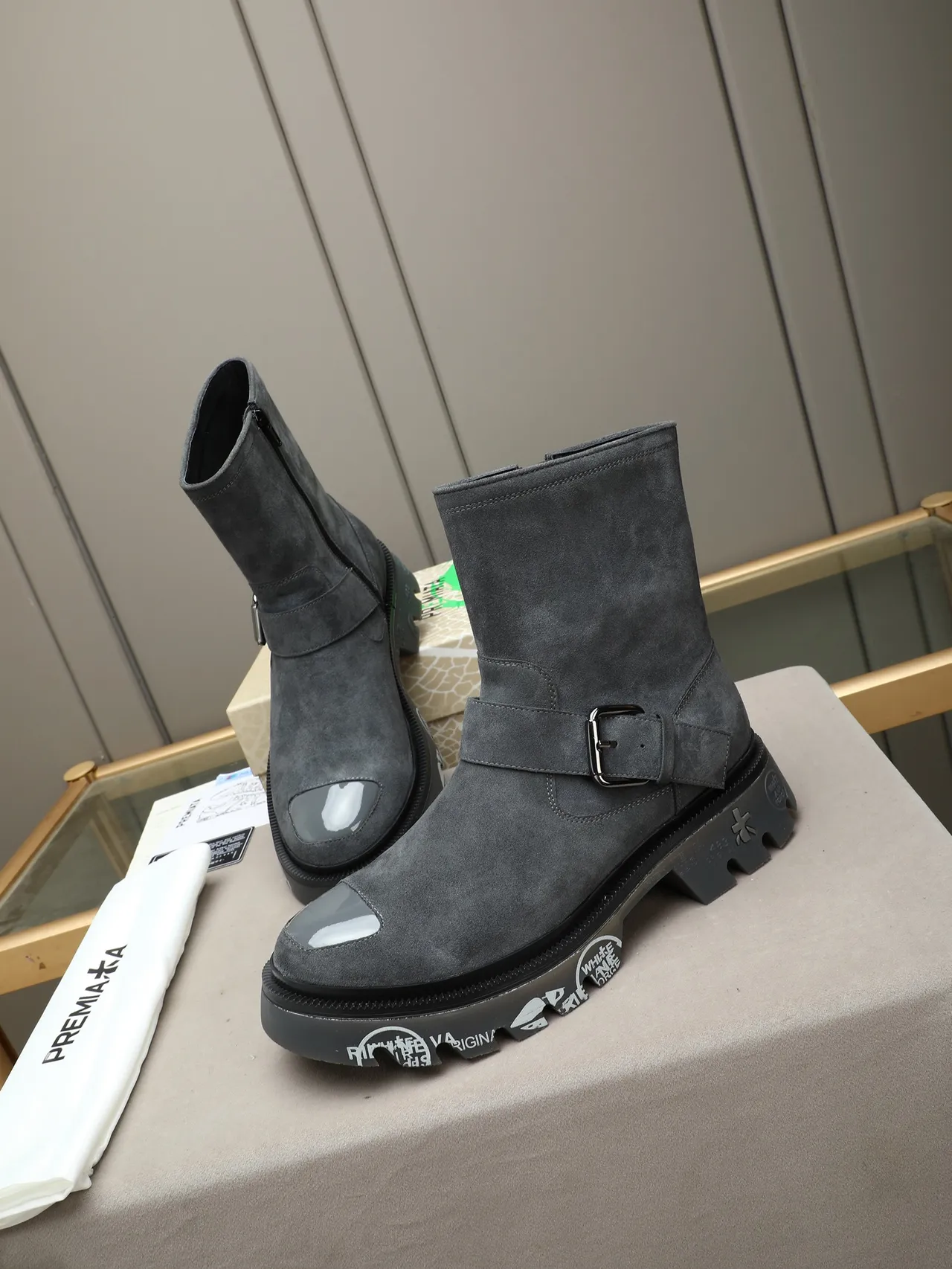 Premiata Rien Ne Va Plus Gray Suede Buckle Strap Ankle Boot