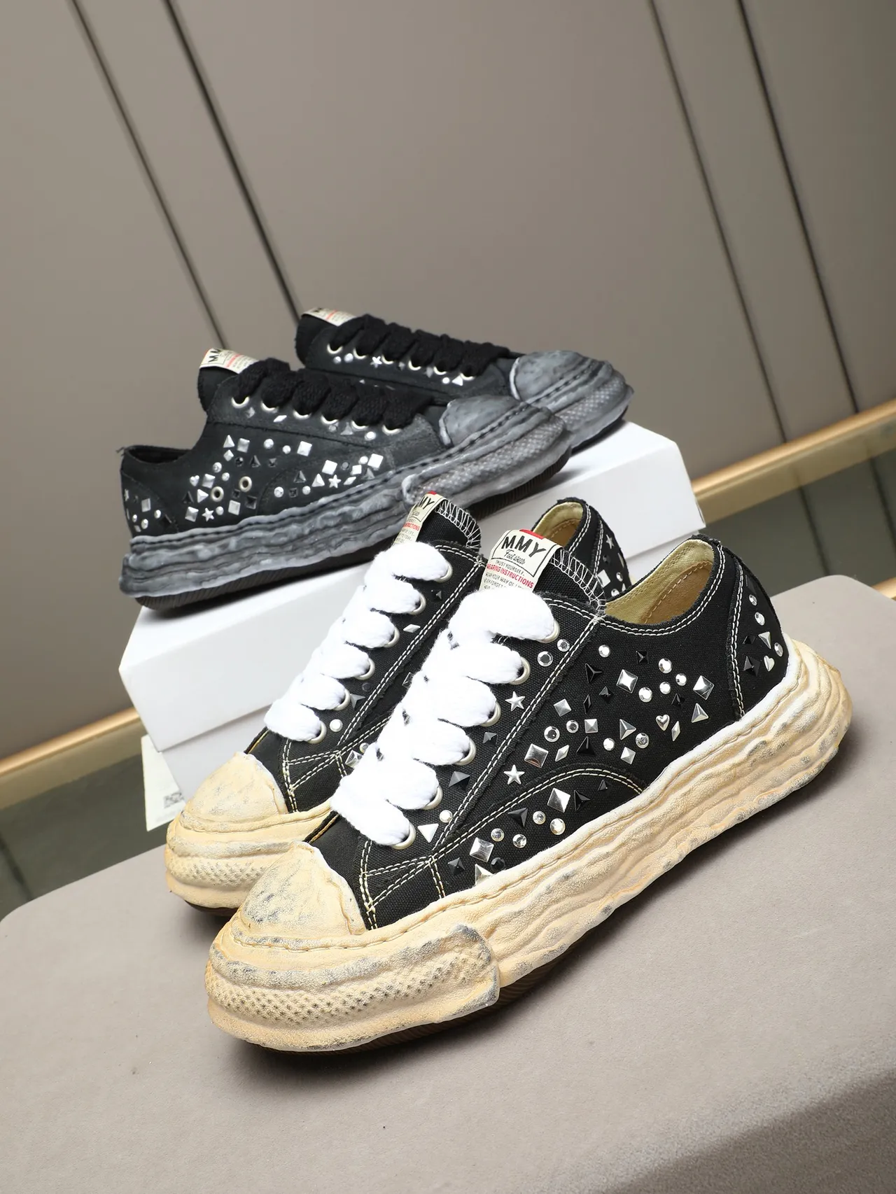 Converse Black White Studded Embellishment Distressed Cream Sole Sneakers