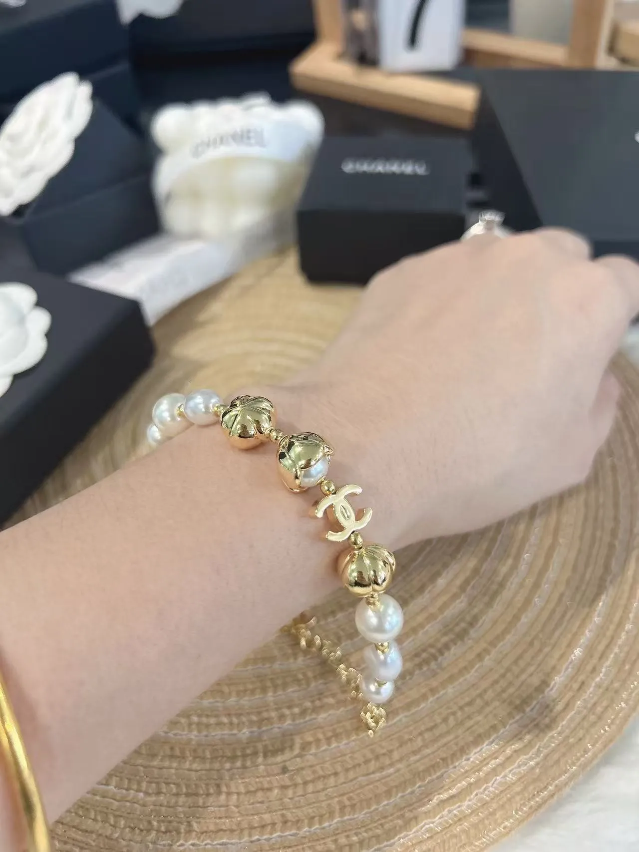 Chanel Pearl and CC Charm Bracelet Gold White Chain Baroque Pearls Bracelet