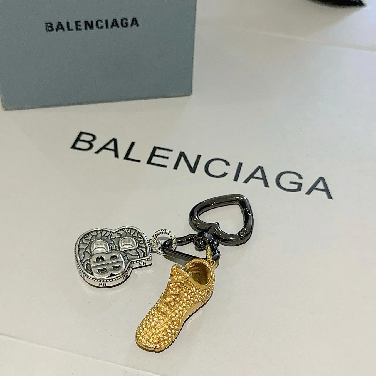 Balenciaga Gold Silver Miniature Sneaker Charm Heart-Shaped BB Logo Bracelet