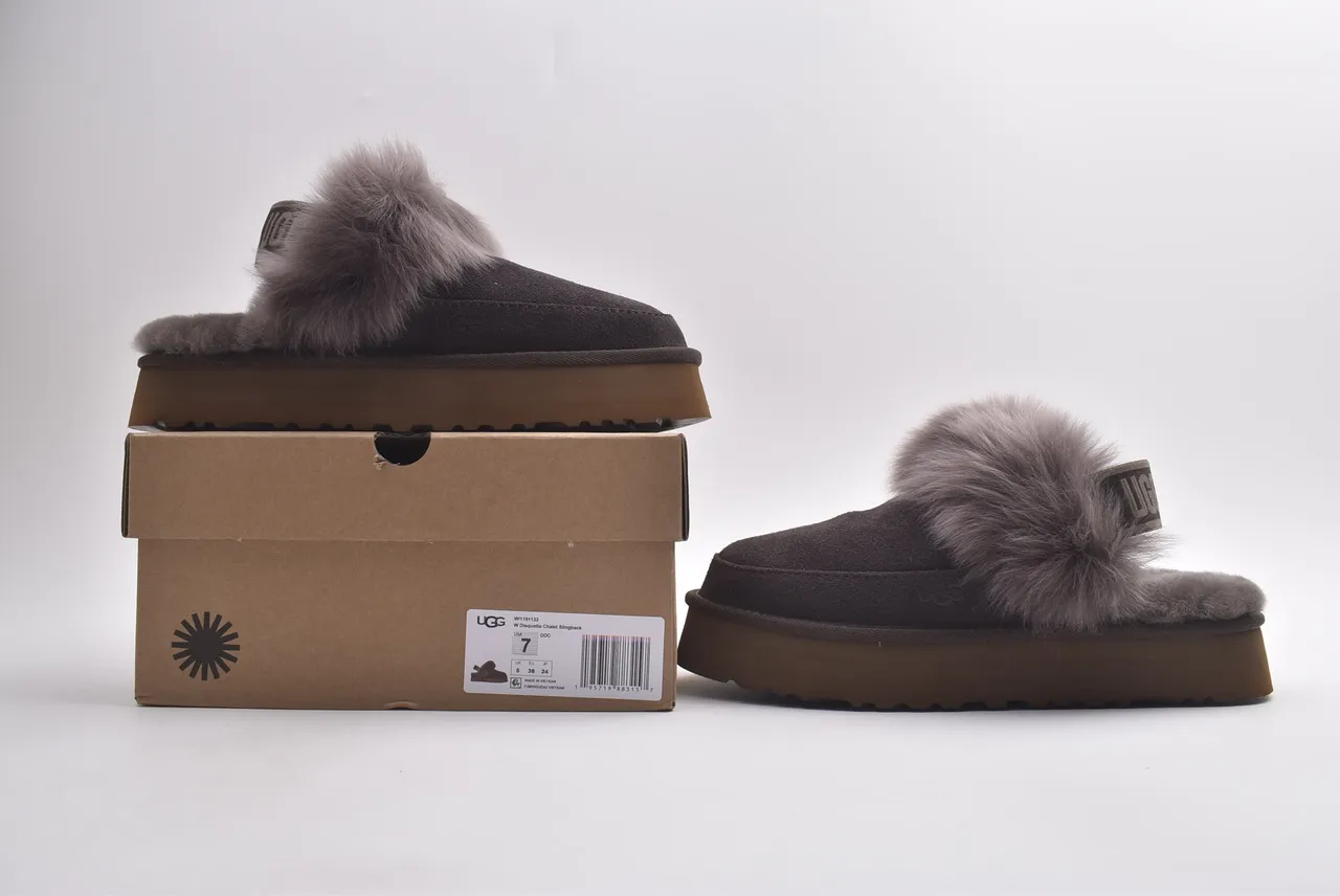 UGG Gray Brown Platform Sole Fur-Trimmed Slippers