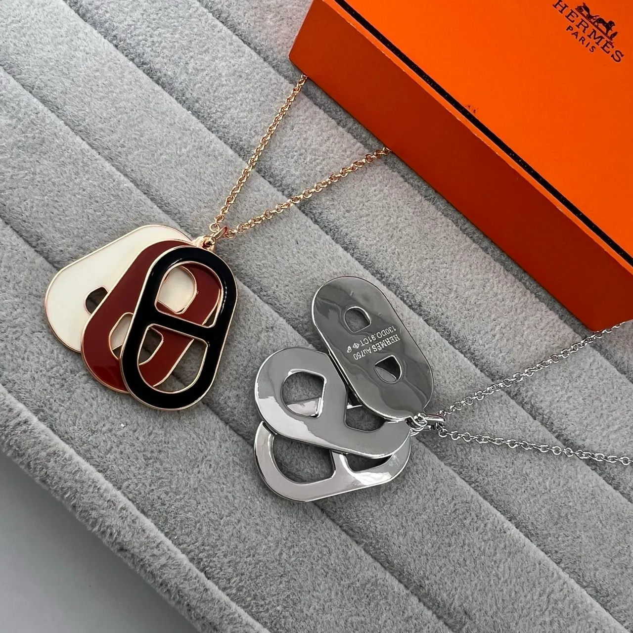 Hermès Burgundy Black Enamel Layered Pendant Gold-Tone And Chain Necklace