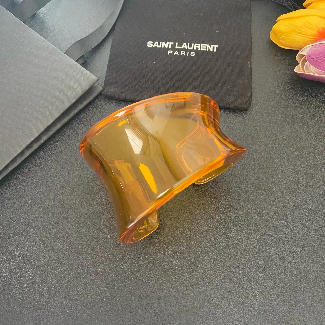 Saint Laurent Beige Orange Sculpted Resin Asymmetrical Cuff Bracelet