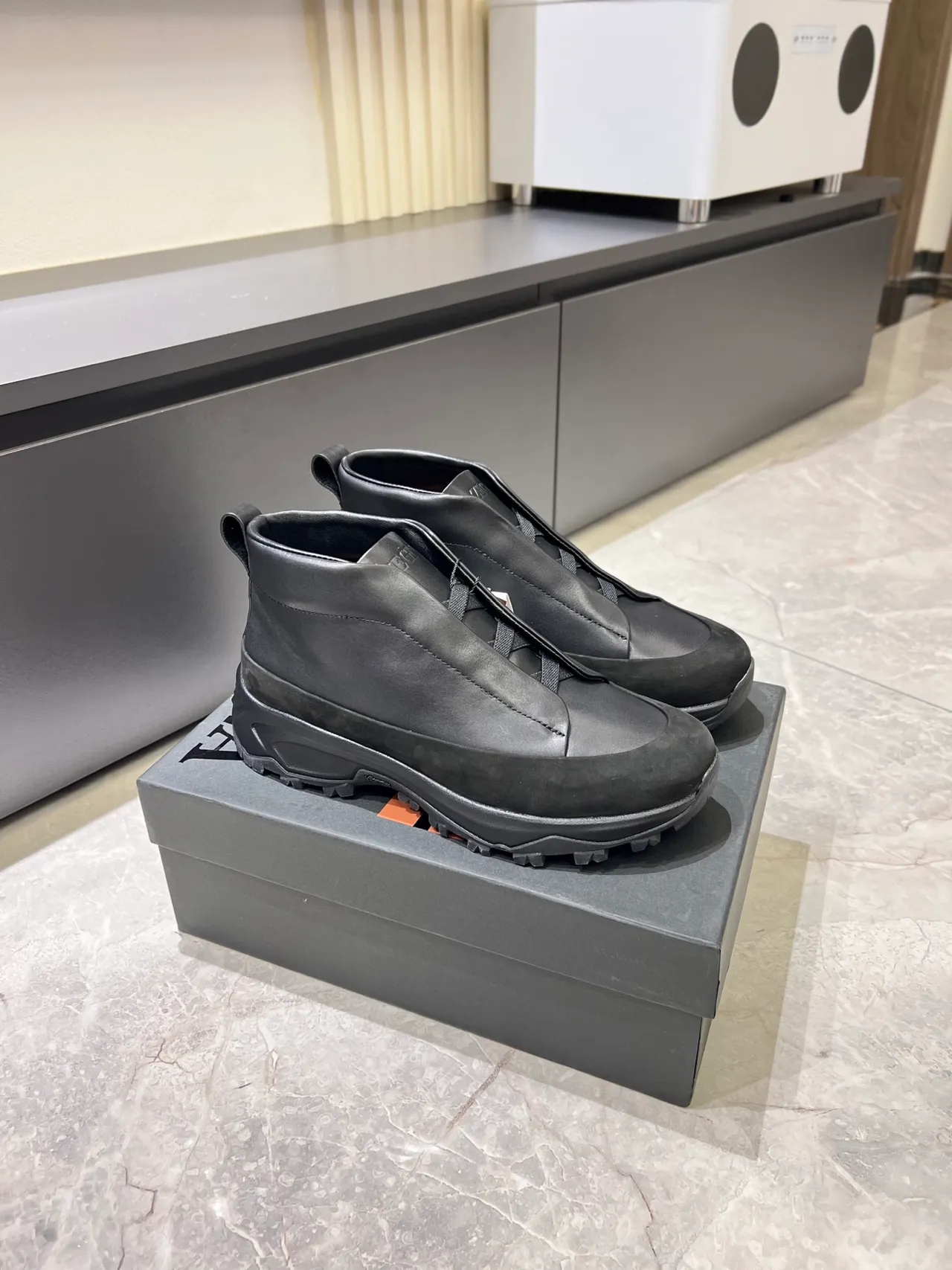 Black Slip-On Construction Matte Leather Upper Ankle Boots