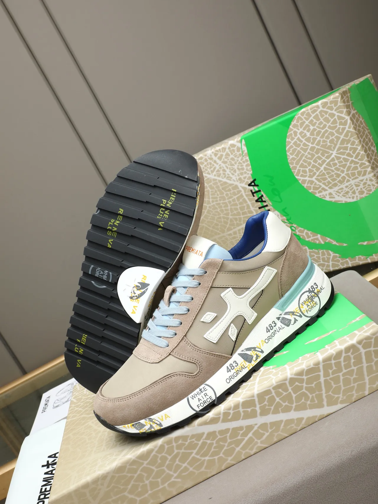 Premiata Beige Blue Retro Runner Silhouette Suede And Textile Upper Sneakers