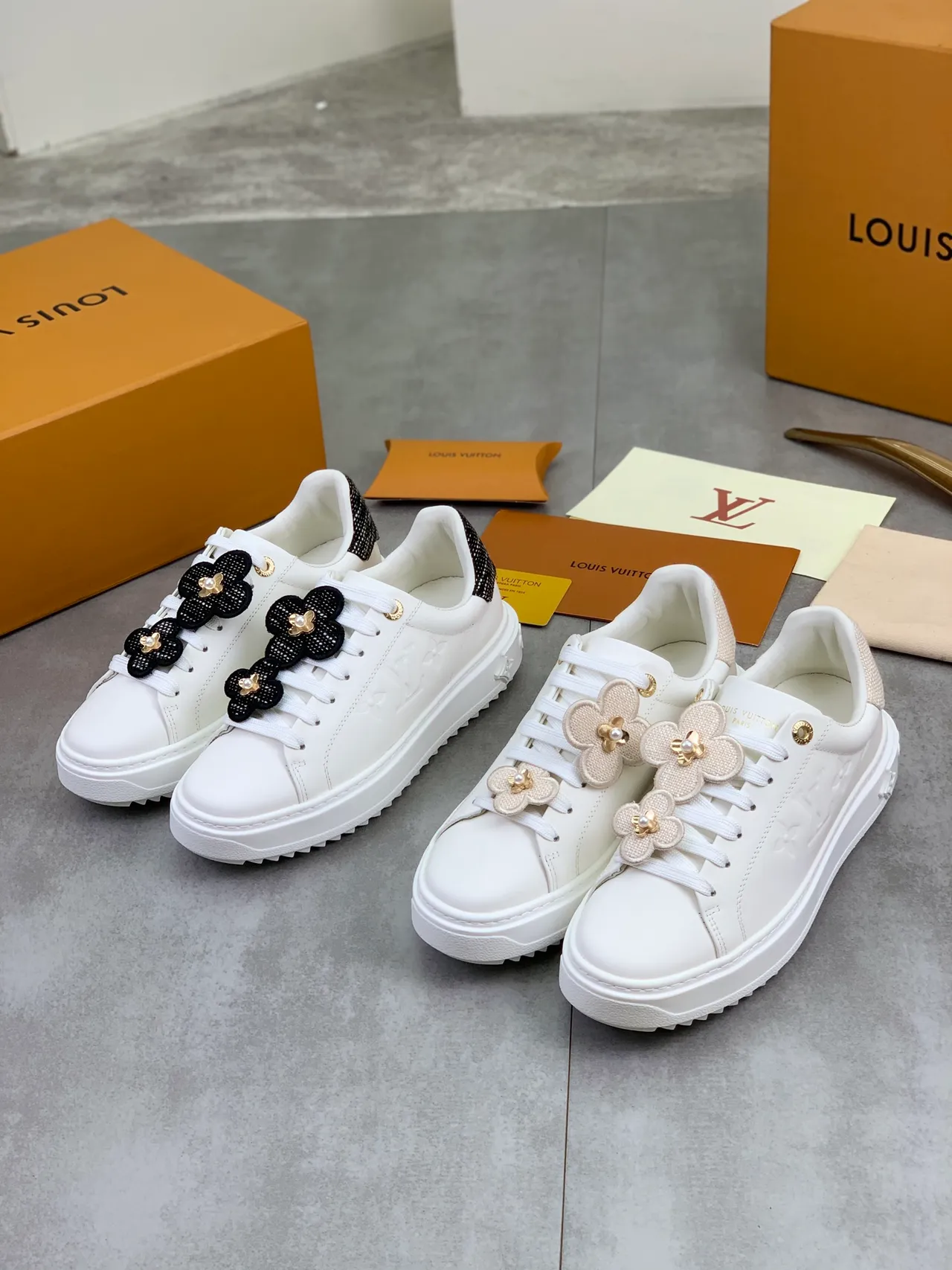 Louis Vuitton White Black Embossed Monogram Floral Lace Charms Lifestyle Sneakers