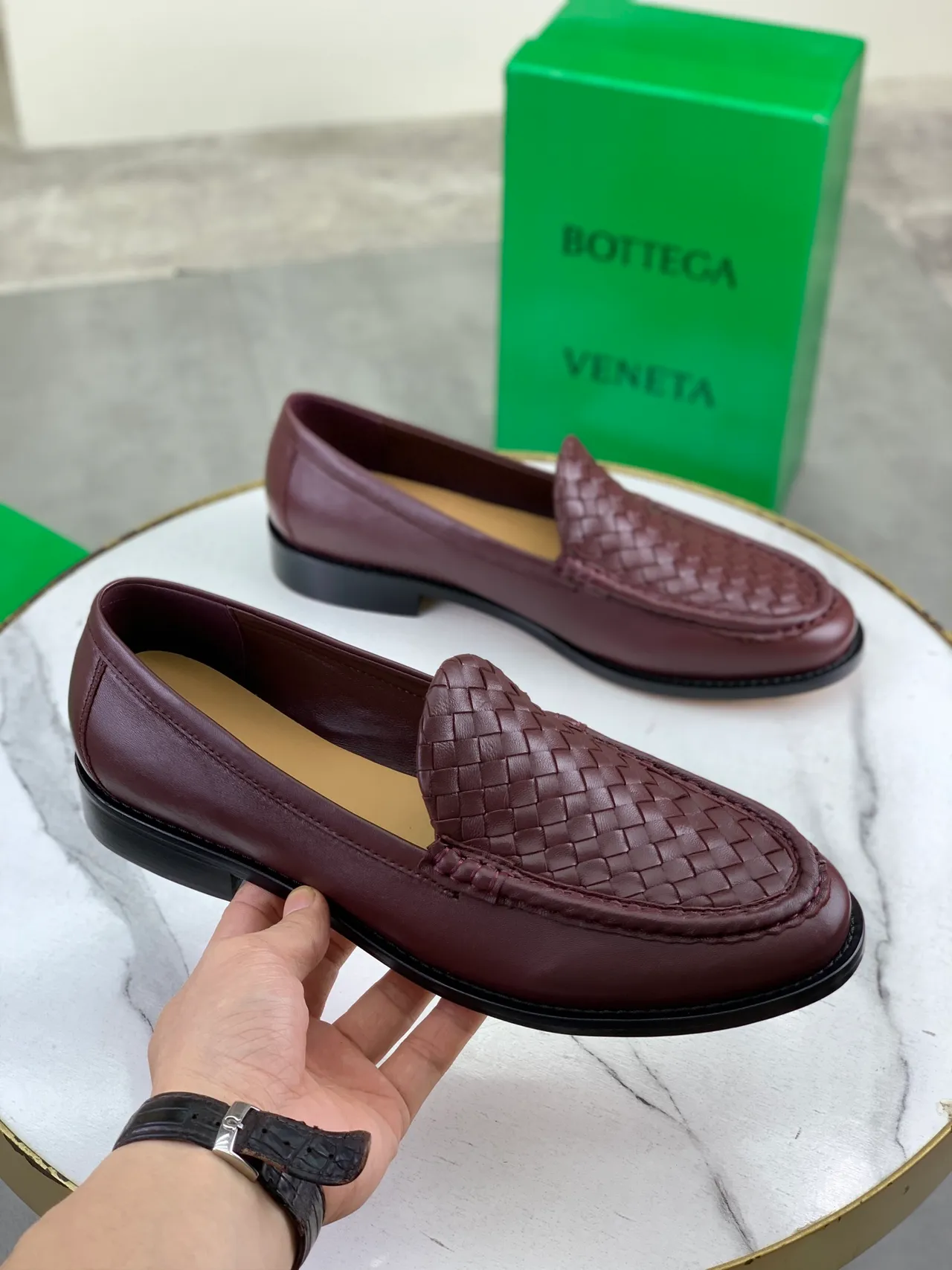 Bottega Veneta Andiamo Burgundy Black Intrecciato-Woven Vamp Smooth Leather Upper Loafer