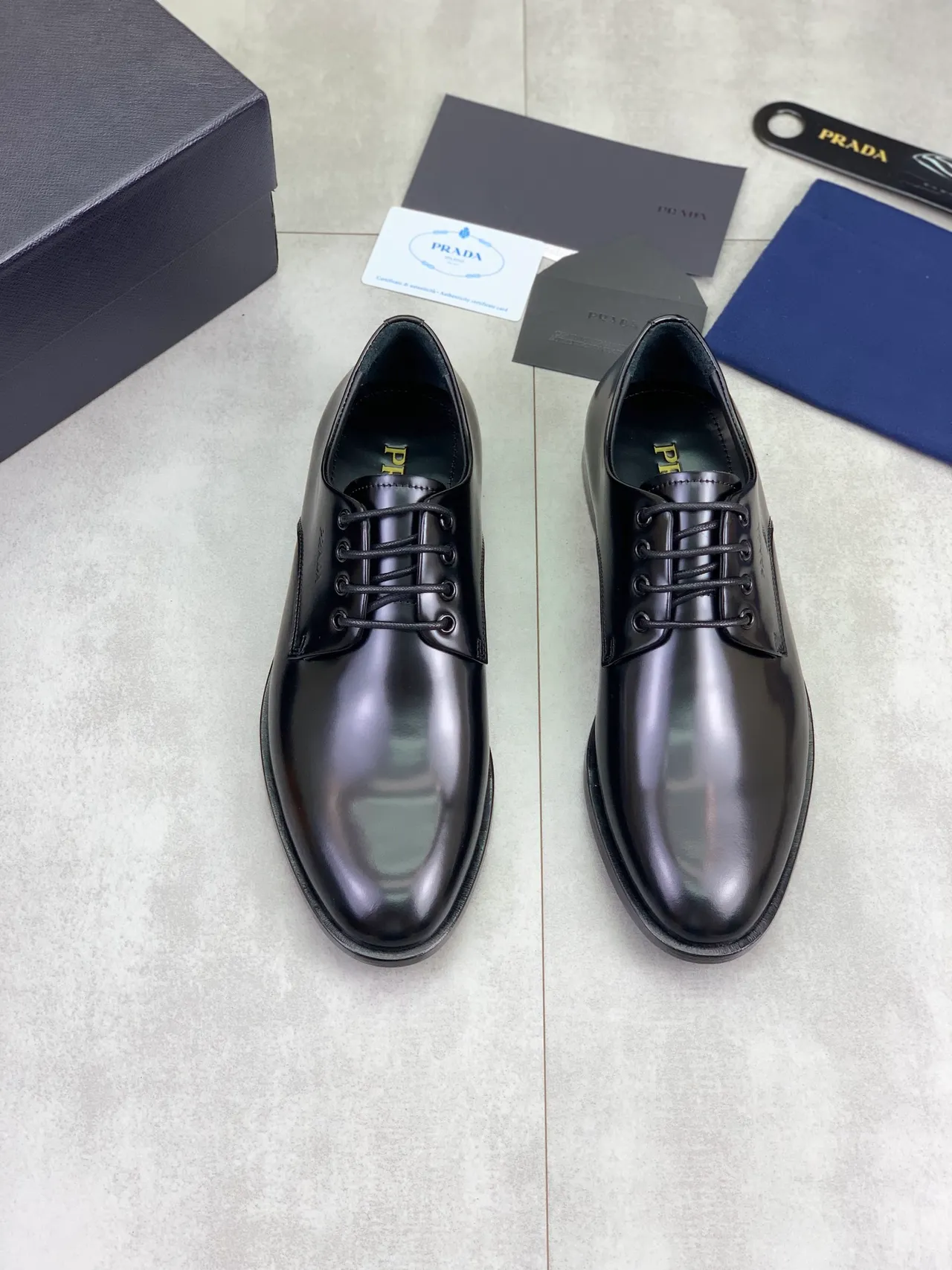 Prada Black Polished Leather Cap Toe Oxford Shoes