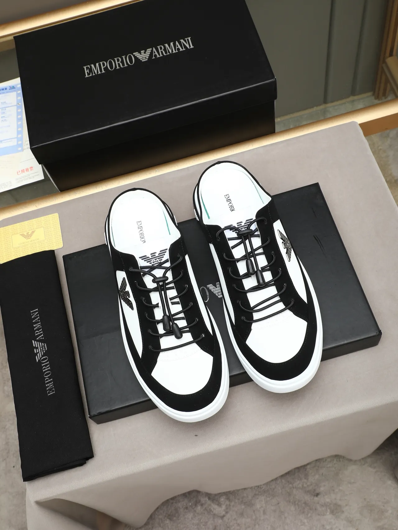 Emporio Armani Black and White Open-Heel Mule Lifestyle Sneakers