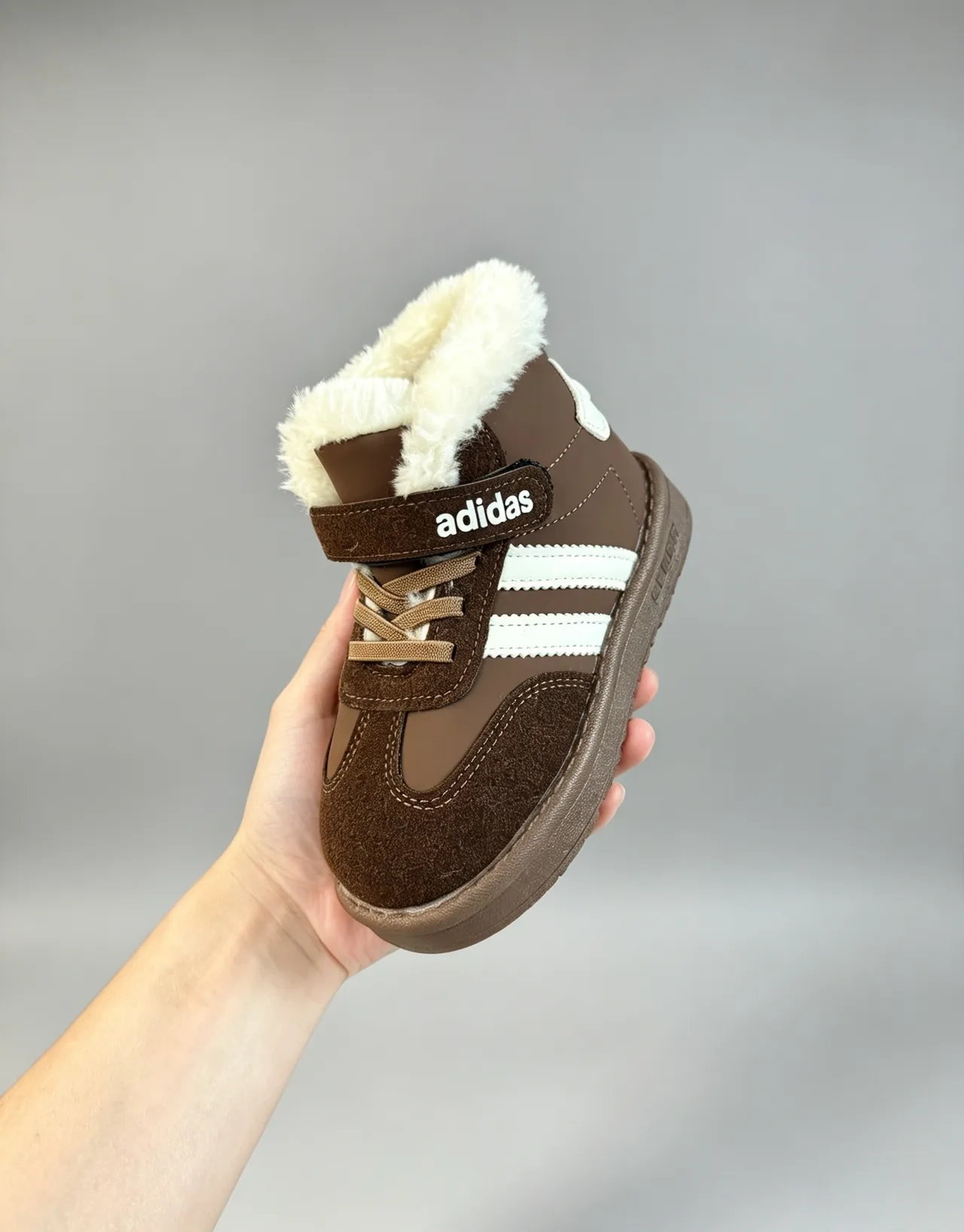 Adidas Brown White Fur-Lined Collar Three-Stripe Side Panel Snow Boots