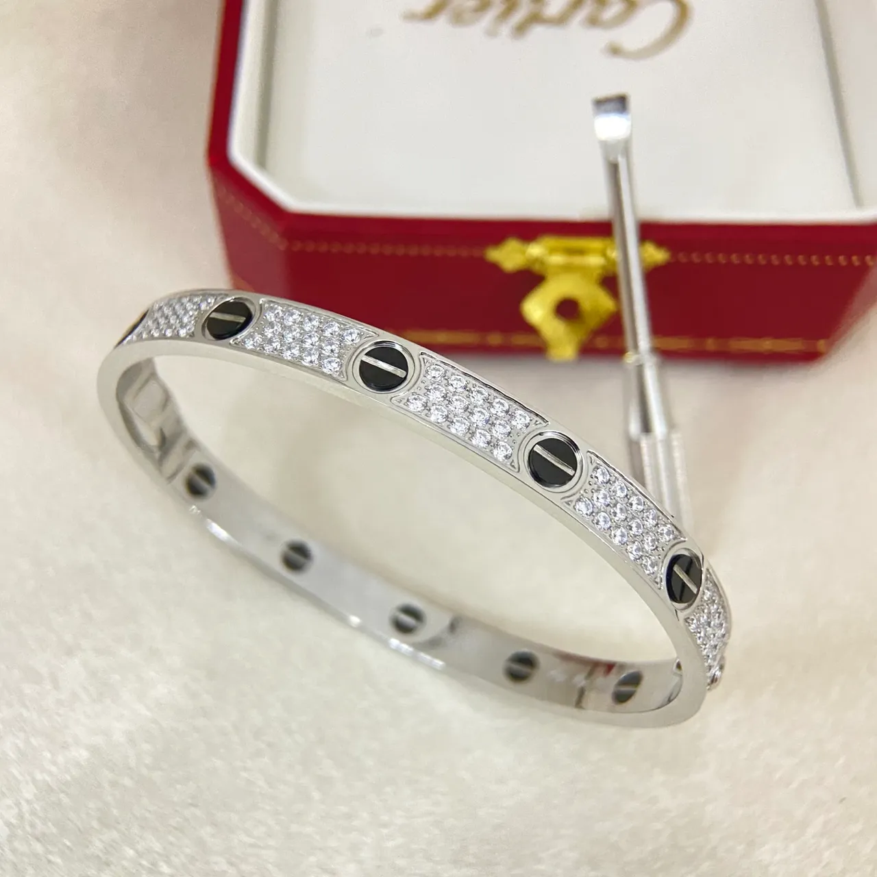 Cartier Love Silver Black Pavé-Diamond Band Onyx Screw Motifs Bracelet