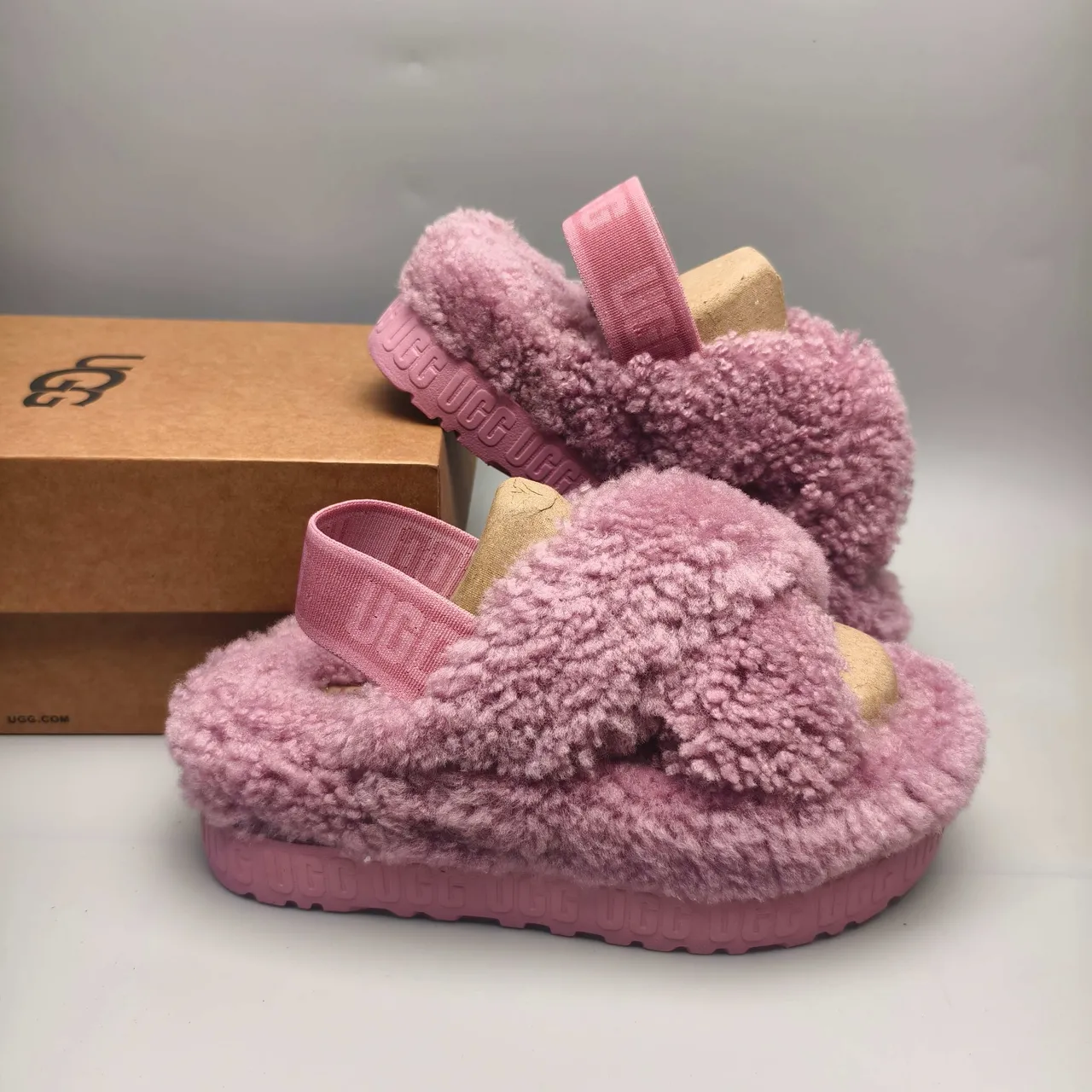 UGG Tasman Pink Fuzzy Cross-Strap Slippers