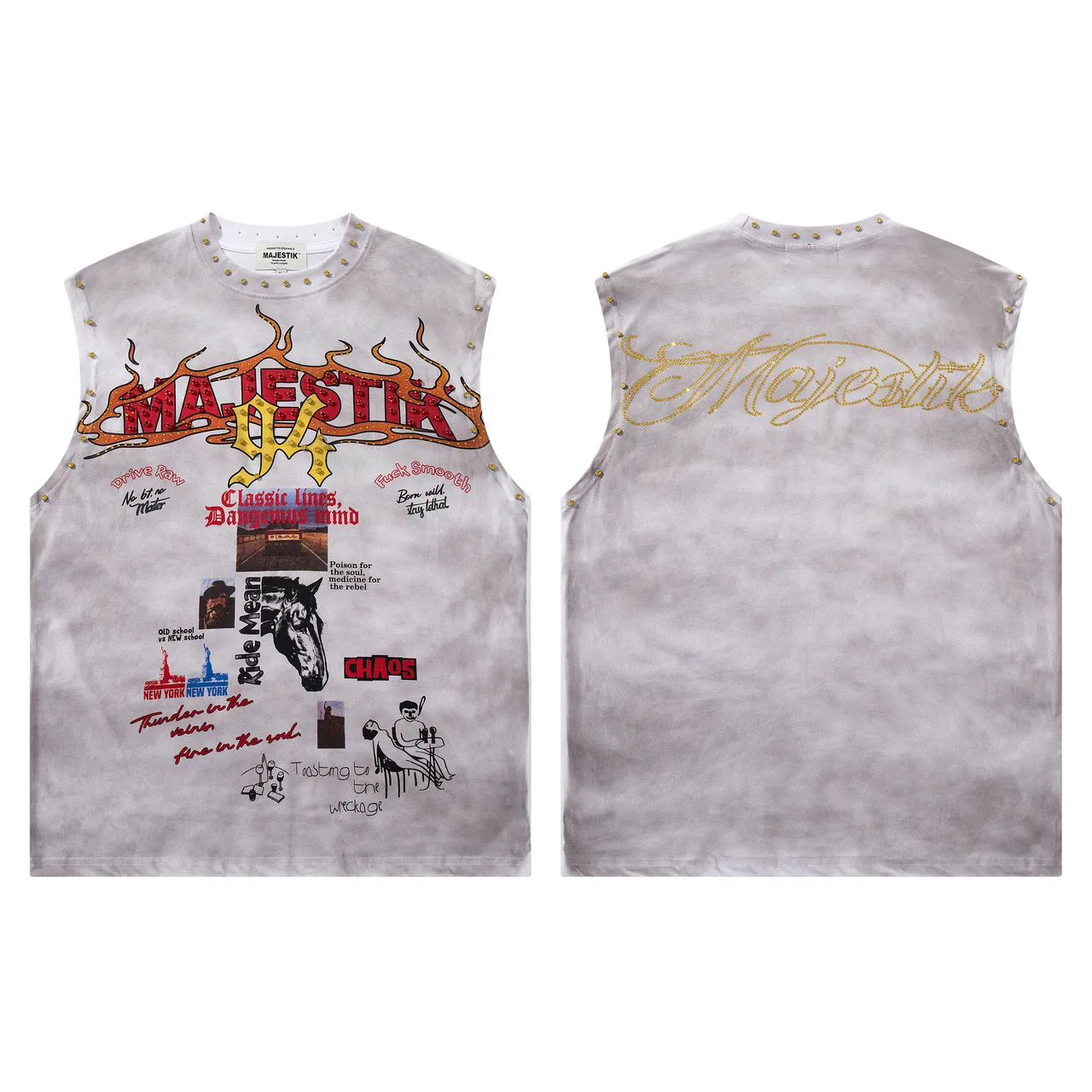 MAJESTIK Tie-Dye Gray Studded Graphic Vest Top