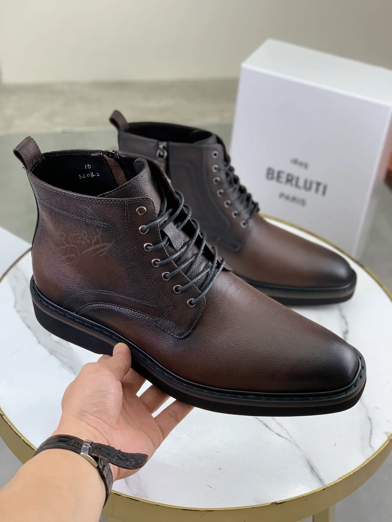 Berluti Brown Leather Lace-Up Side-Zip Ankle Boots