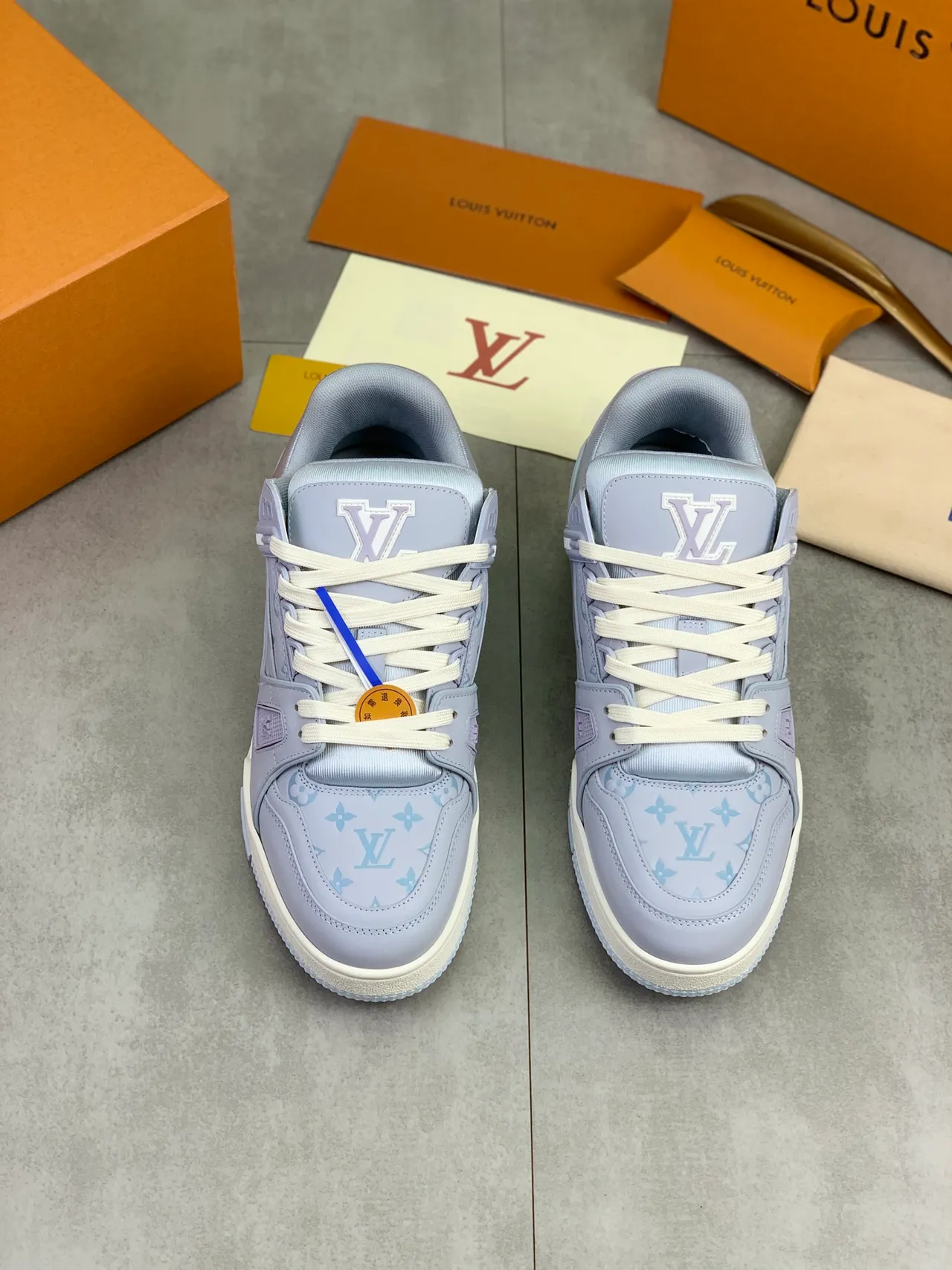Louis Vuitton LV Trainer Purple White Monogram-Print Leather Upper Structured Side Cage Lifestyle Sneakers
