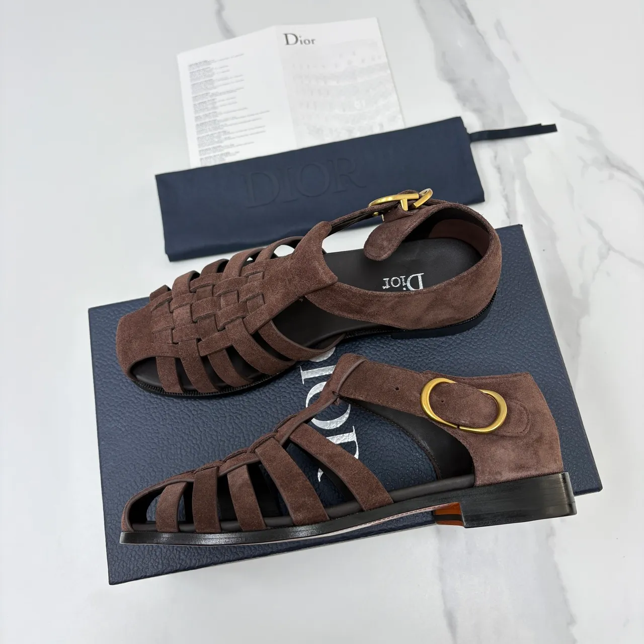 Dior Brown Black Woven Suede T-Strap Gladiator Sandals
