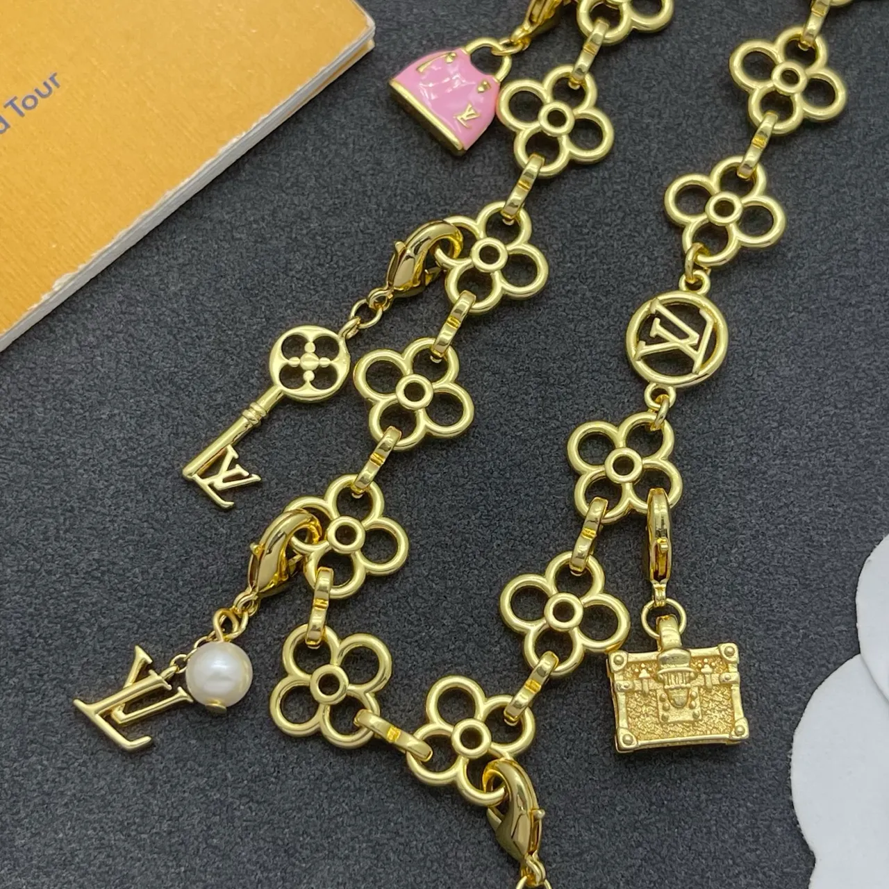Louis Vuitton Gold Pink Floral-Link Chain Multi-Charm Pendant Design Necklace