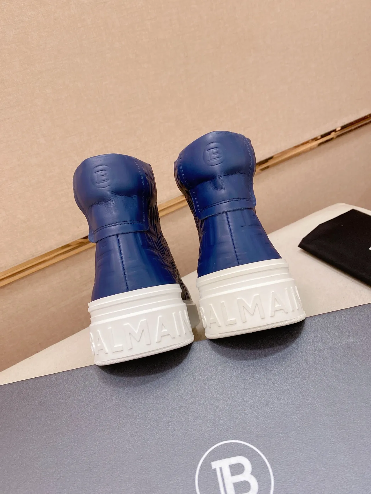 Balmain Navy White High-Top Embossed Monogram Lifestyle Sneakers
