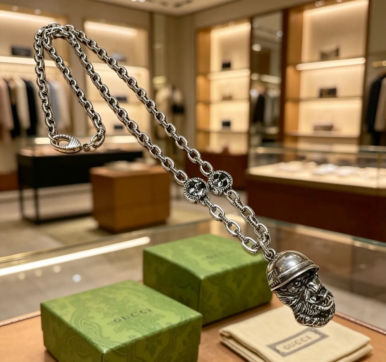 Gucci Sculpted Helmeted Head Pendant Necklace