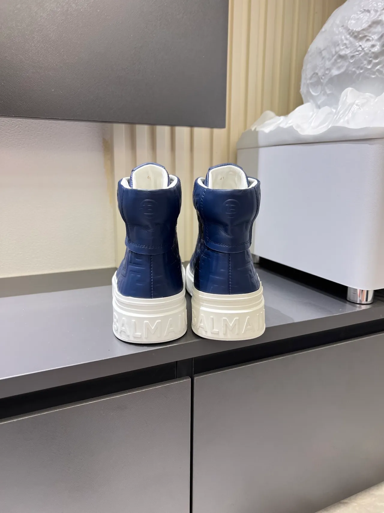 Balmain Navy White High-Top Embossed Geometric Pattern Lifestyle Sneakers