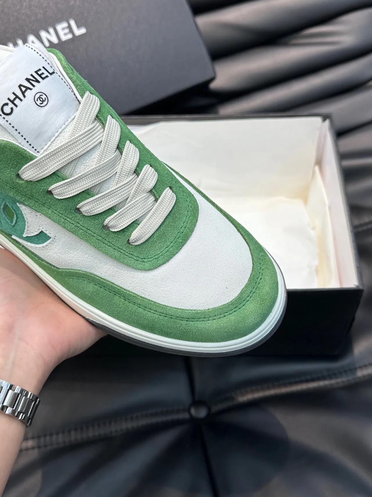 Chanel Lifestyle Sneaker Green White Low-Top Suede-and-Leather Panelled Lifestyle Sneakers