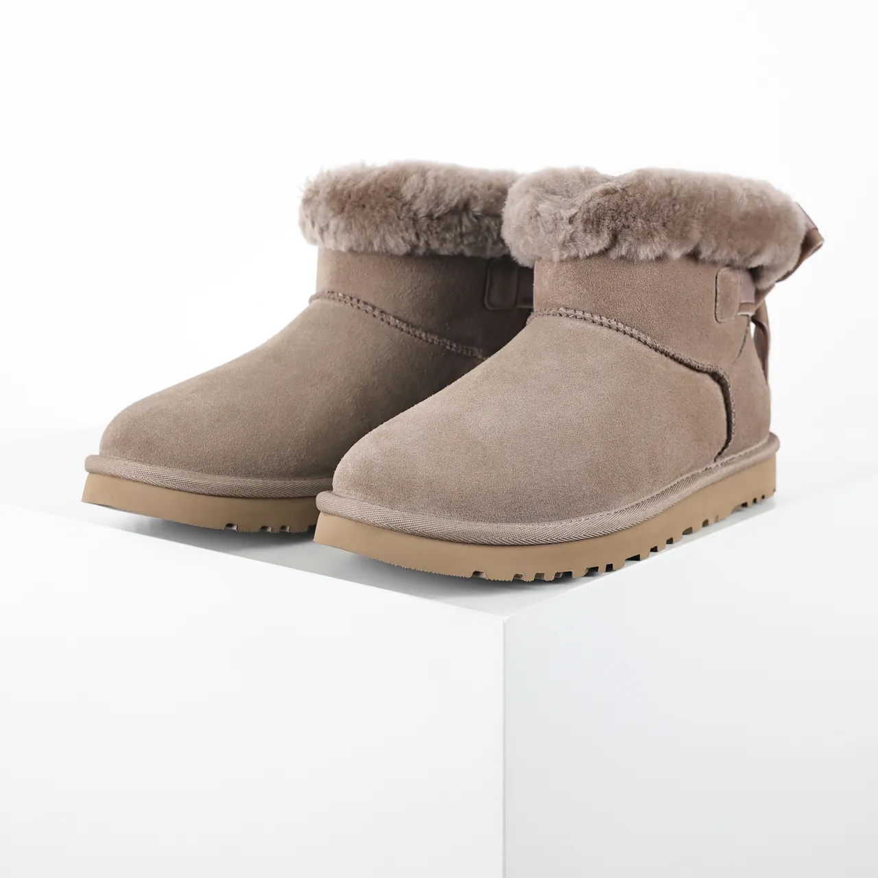 UGG Classic Mini Taupe Suede Shearling Cuff Snow Boots
