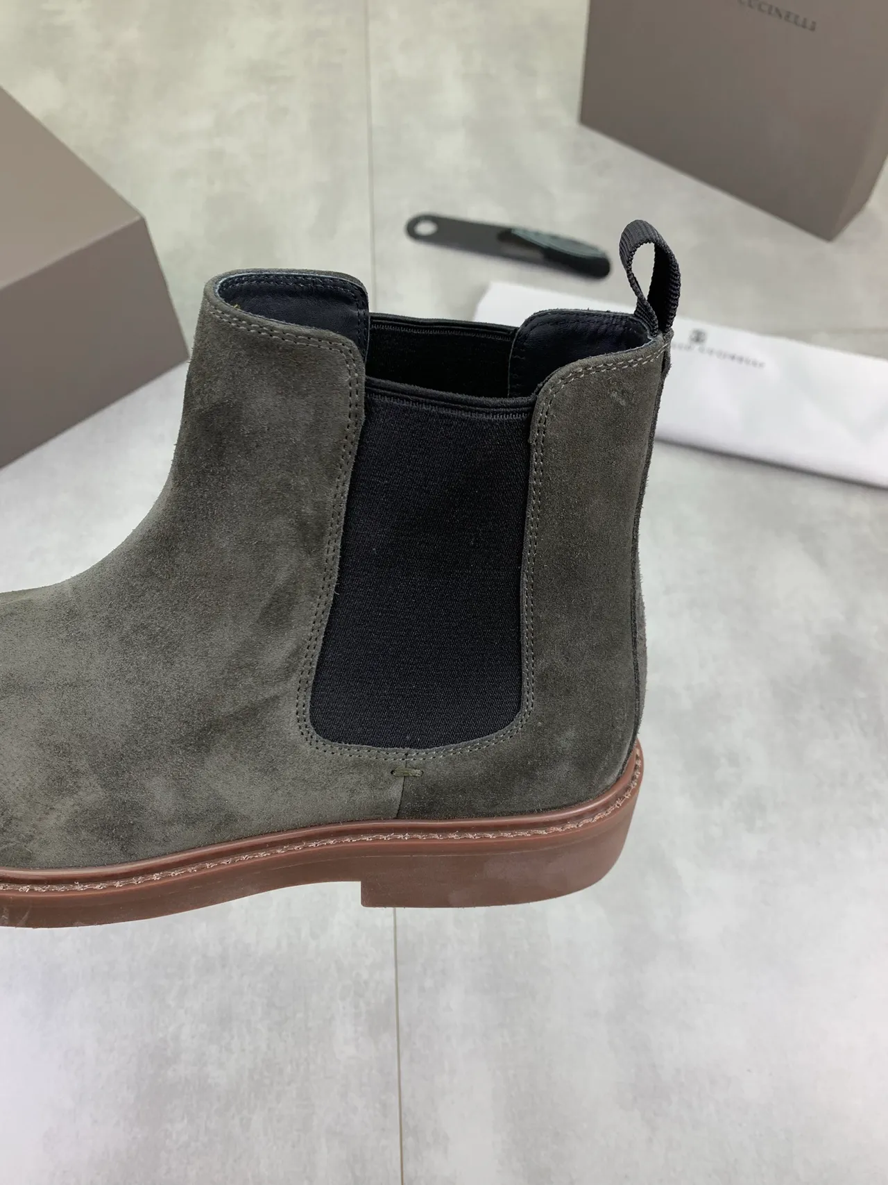 Gray Black Suede Upper Elastic Side Gussets Chelsea Boots