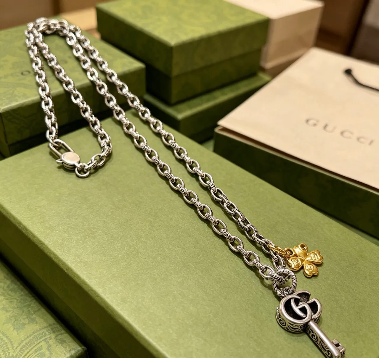 Gucci Silver Gold Oxidized Chain Engraved GG Key Pendant Necklace