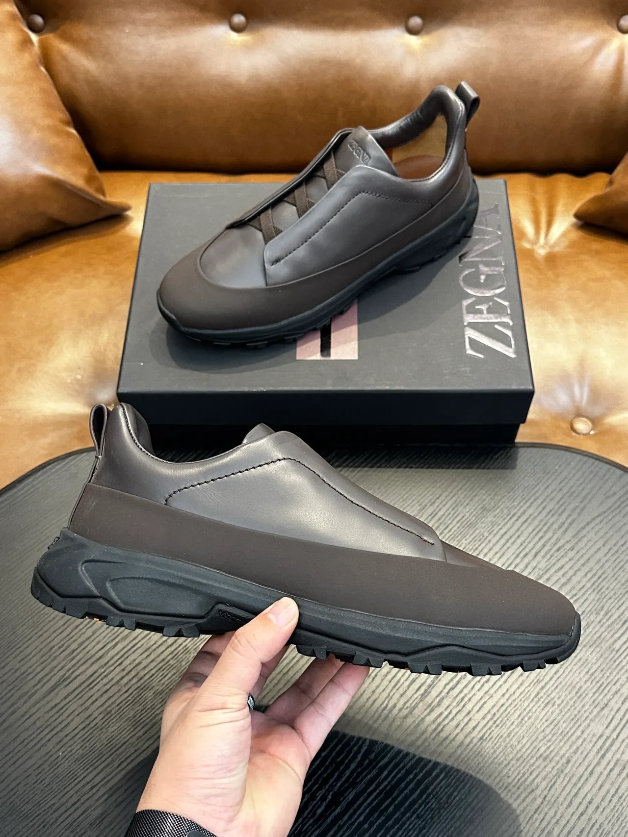 Zegna Gray Black Slip-On Leather Upper Sneakers