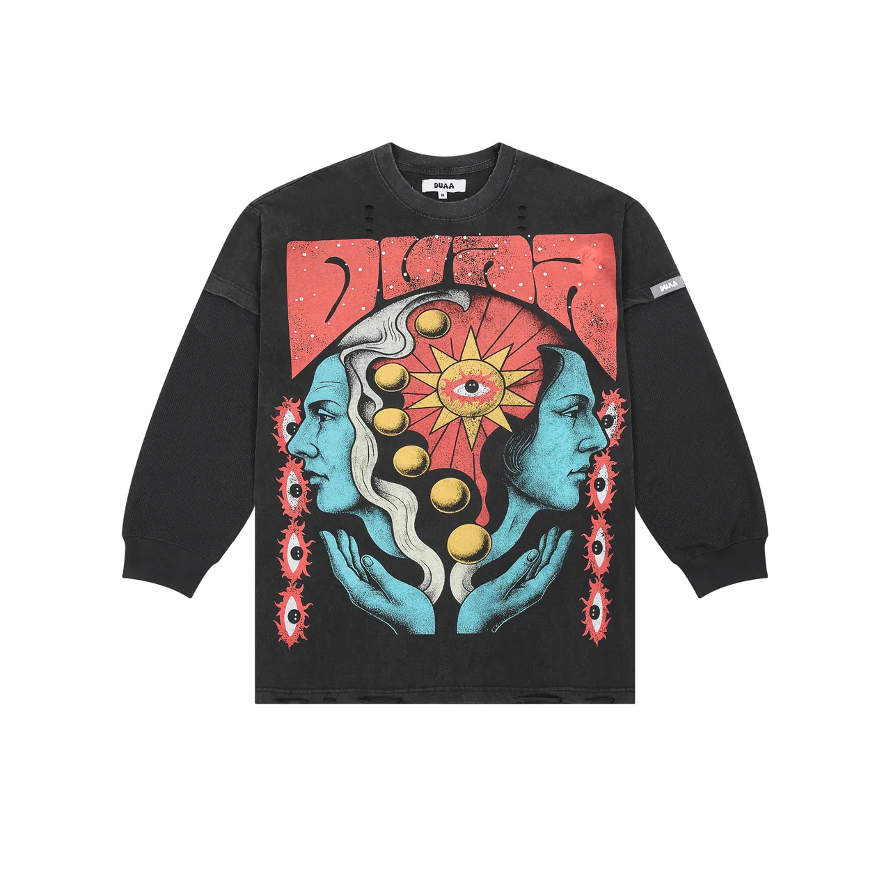 DUAA Distressed Black Graphic Print Crewneck Sweater