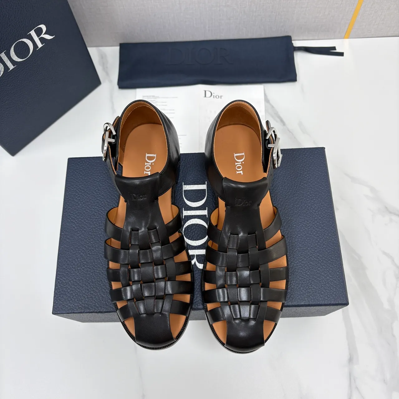 Dior Woven T-Strap Buckle Gladiator Sandals