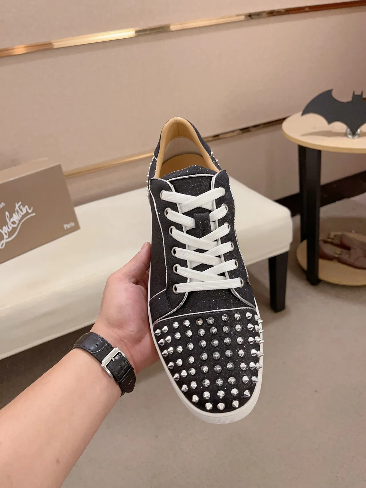 Christian Louboutin Studded Sneaker Black White Glitter Upper Conical Silver Studs Lifestyle Sneakers