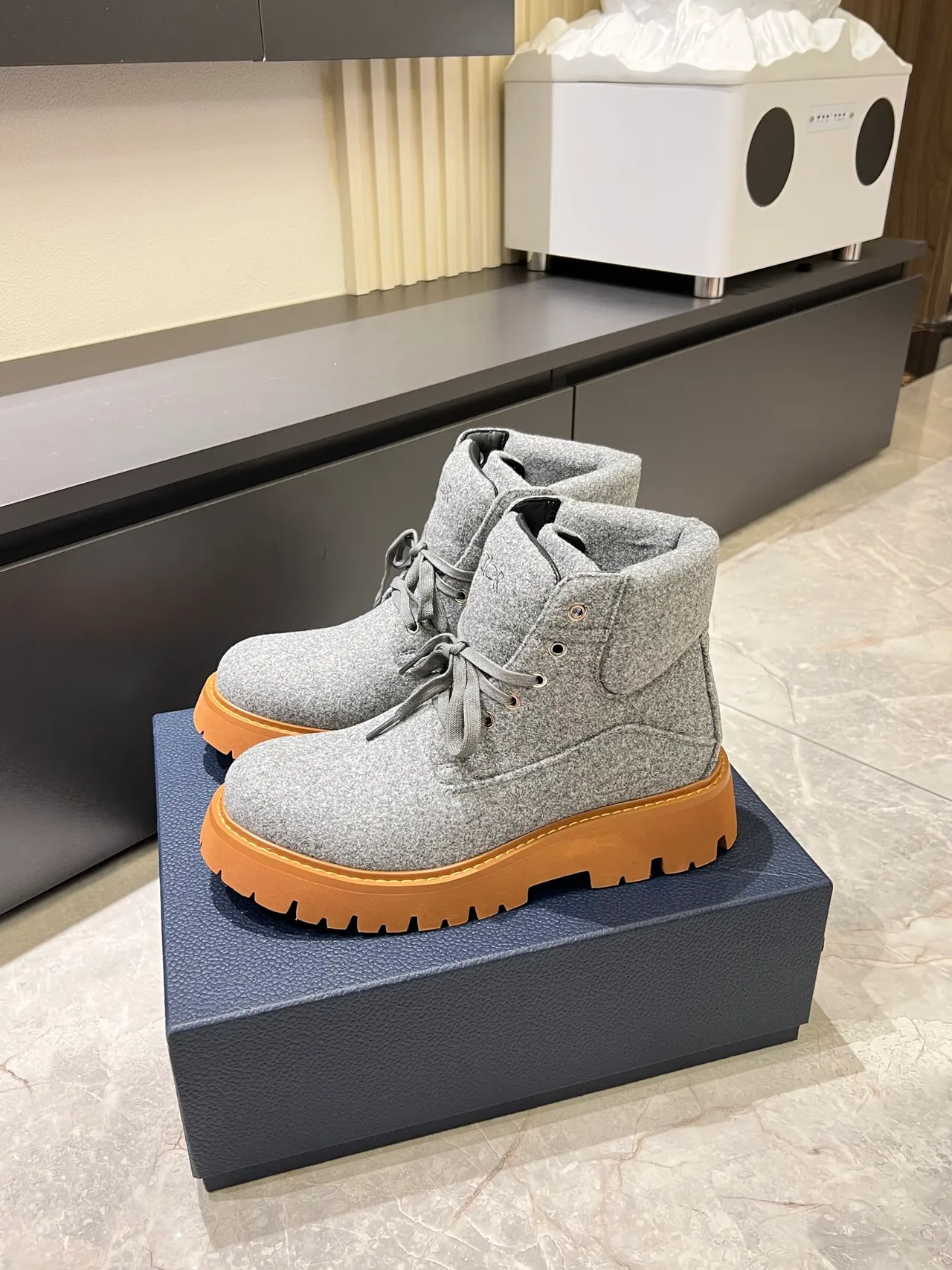 Gray Brown Felted Wool Upper Chunky Lug Sole Boots