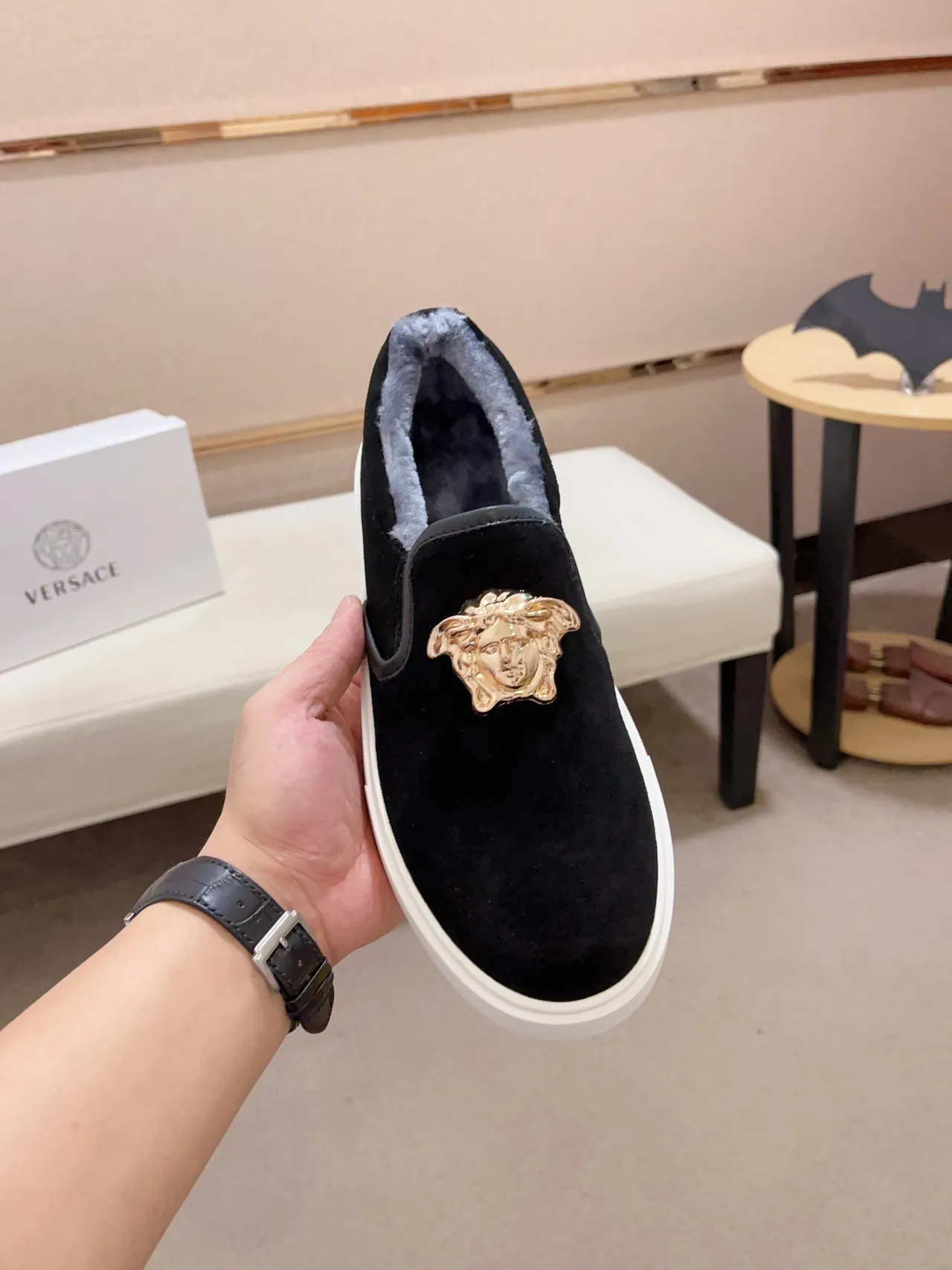 Versace Medusa Loafer Black Velvet Shearling-Lined Slip-On Loafer