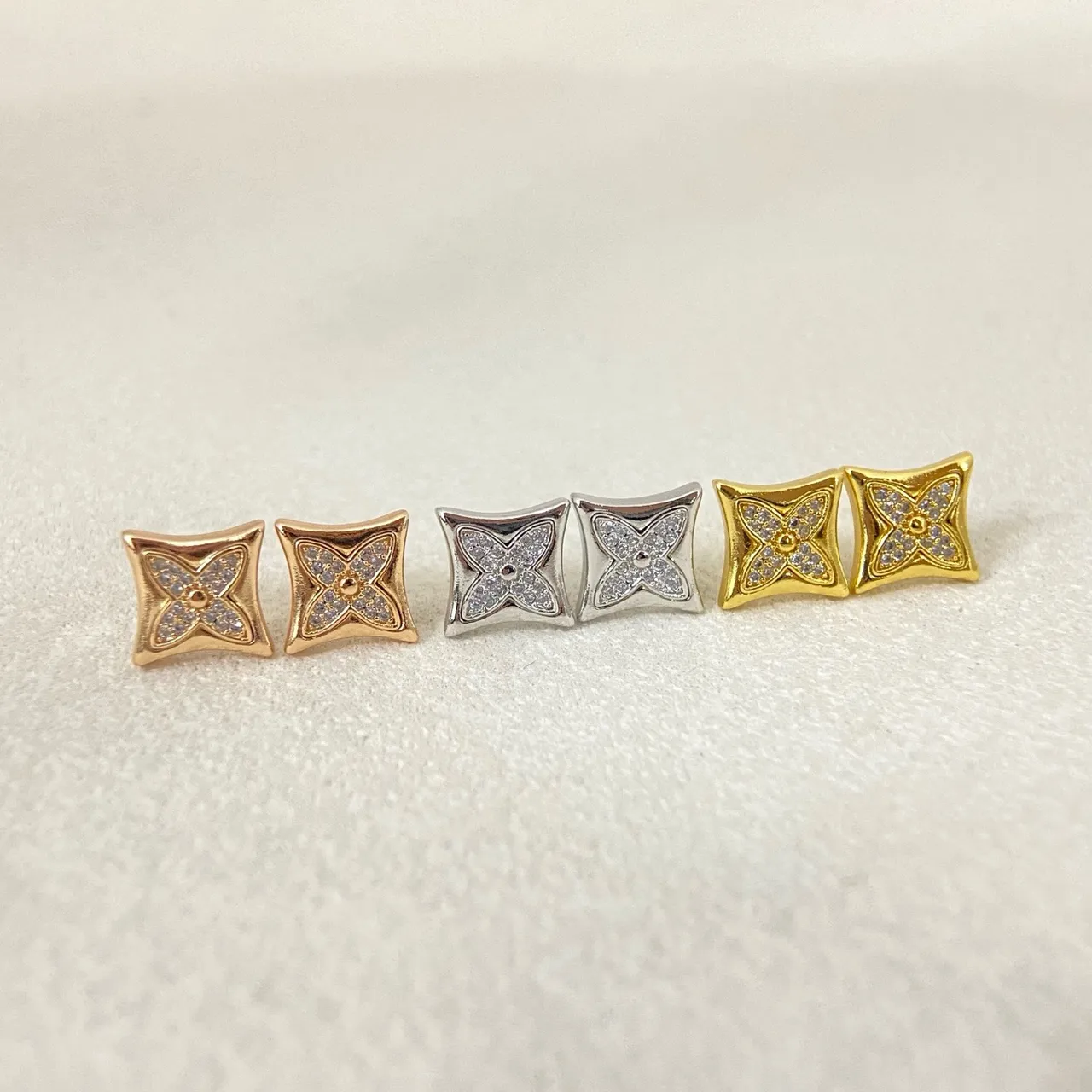 Square Pavé Crystal Four-Petal Floral Stud Earrings