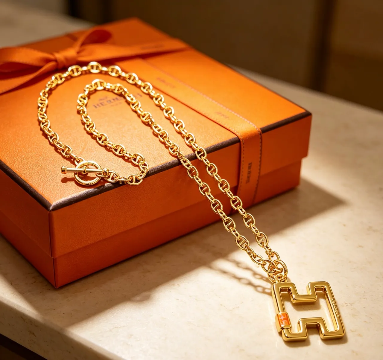 Hermès Gold Orange Link Chain Toggle Clasp Necklace