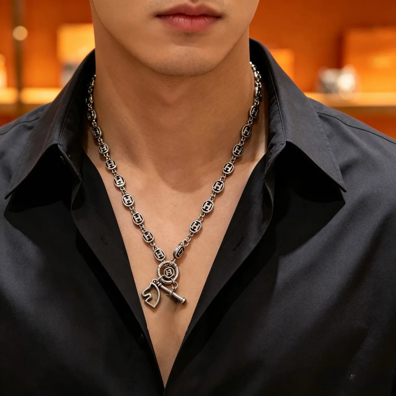 Hermès Silver Black Logo-Link Chain Necklace