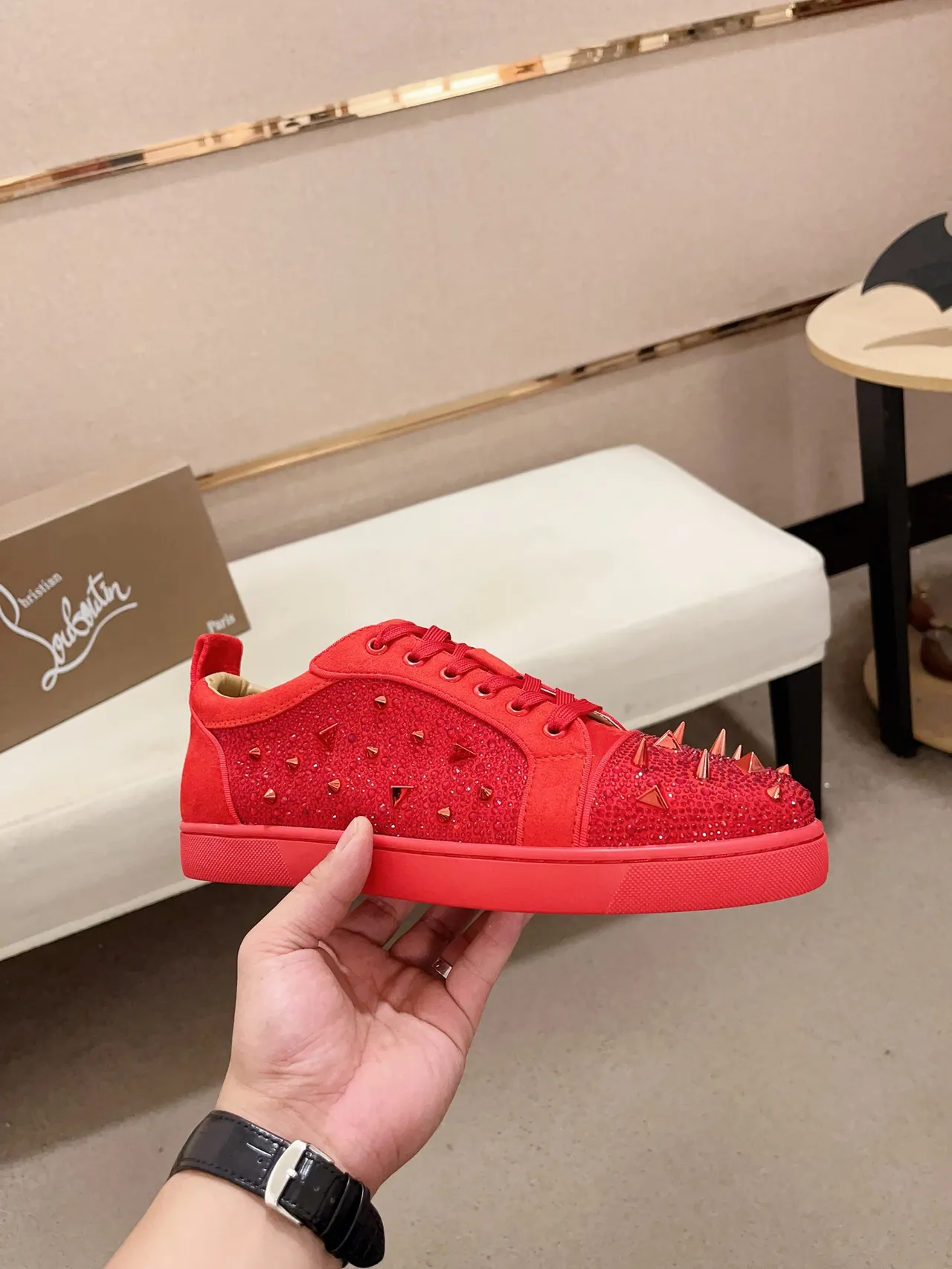 Christian Louboutin Spiked Crystal-Embellished Red Sneaker