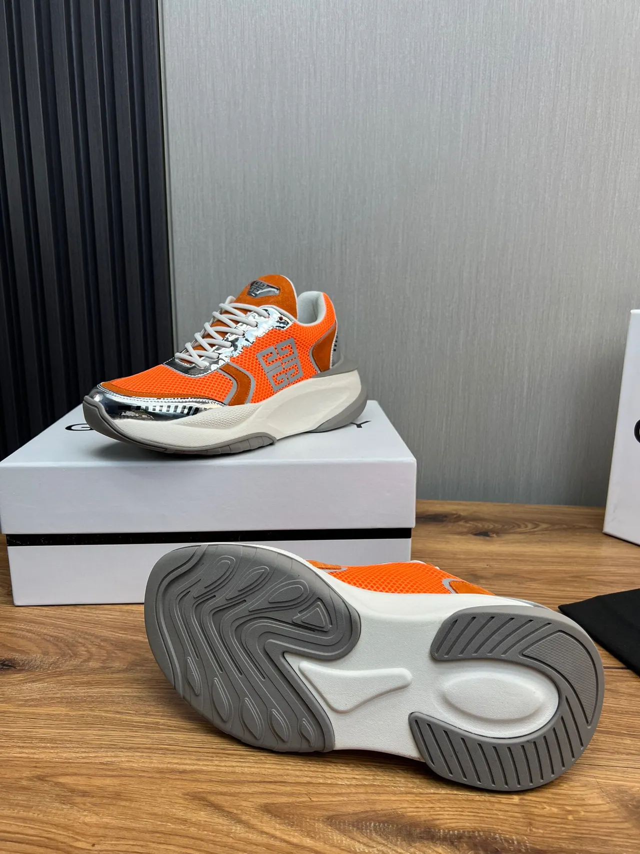 Givenchy Orange Silver Sole Mesh And Suede Upper Chunky Sneakers