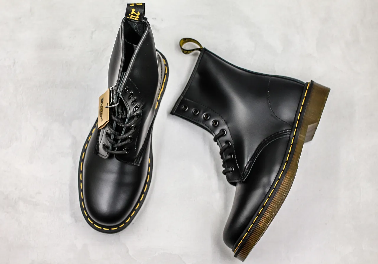 Dr. Martens 1460 Black Smooth Leather Yellow Stitch Martin Boots