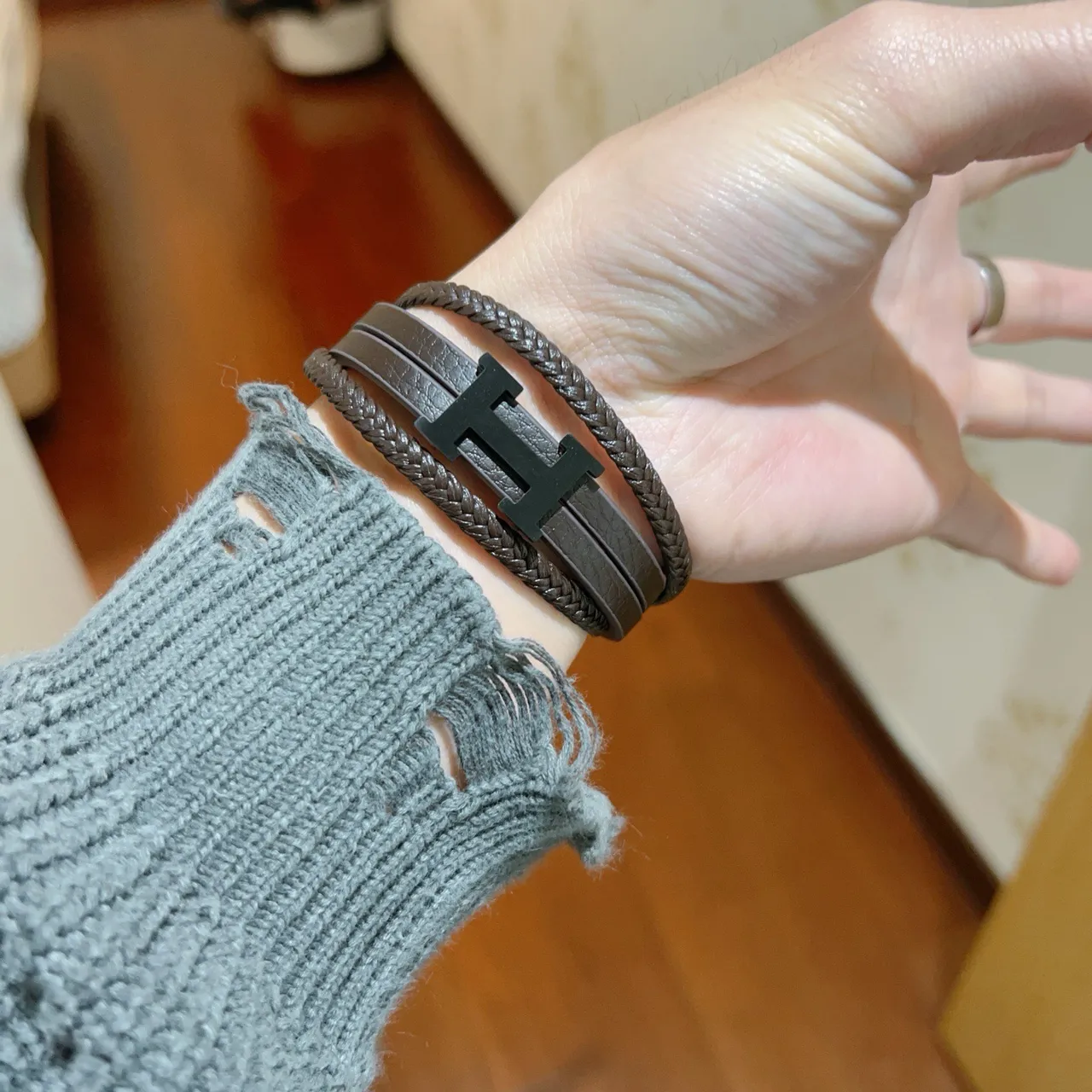Hermès Brown Black Braided Leather Double-Wrap Bracelet