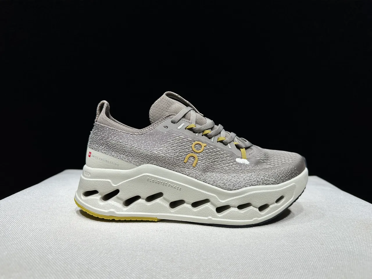 On Gray White Engineered Knit Upper Sculpted CloudTec Phase Midsole Running Shoes
