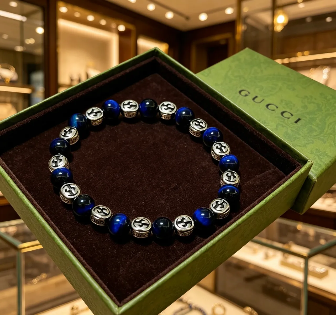 Gucci Blue Silver Beaded Interlocking G Logo Bracelet