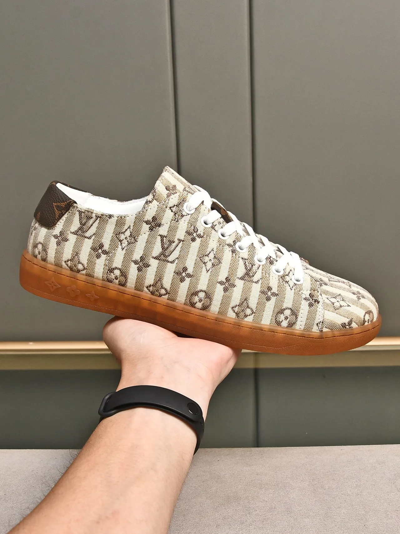 Louis Vuitton Beige Brown Monogram Stripe Canvas Gum Rubber Sole Lifestyle Sneakers