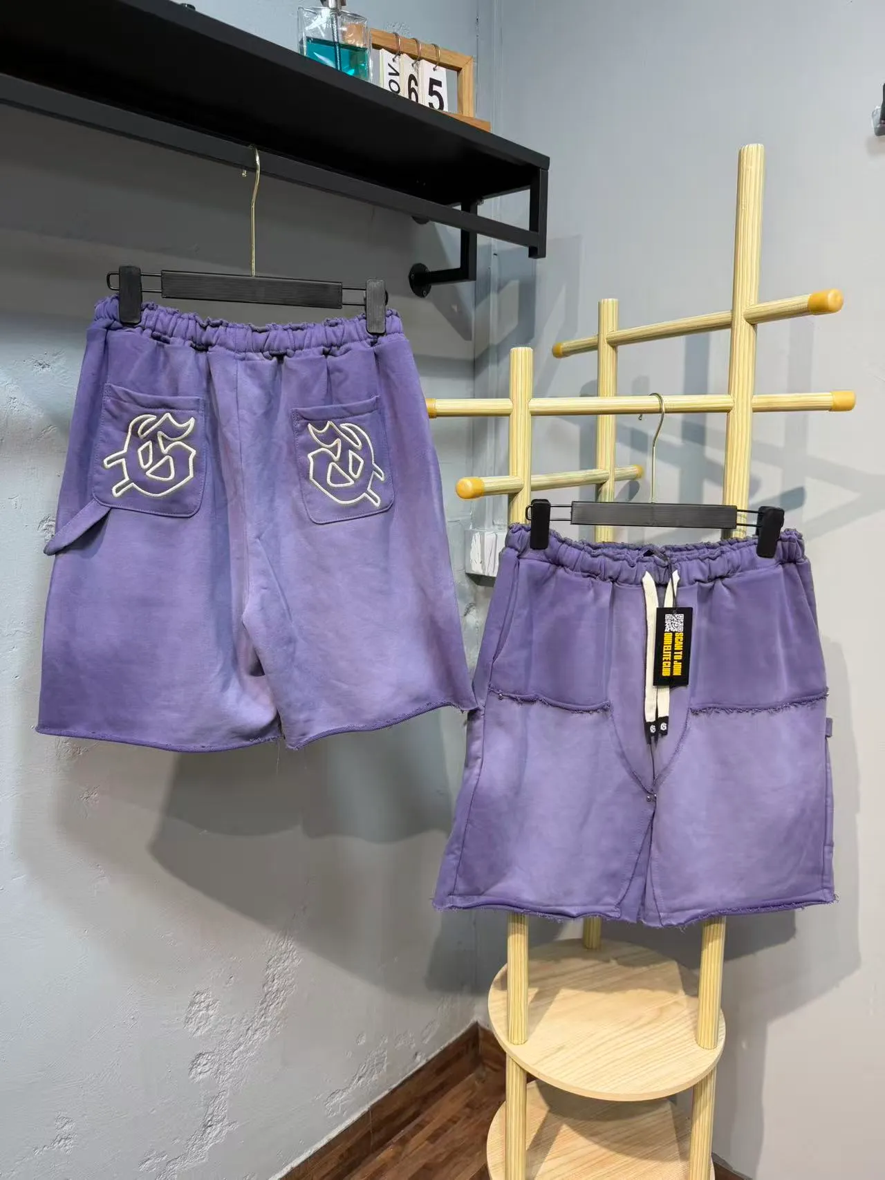Purple Blue Elastic Waist Patch Pockets Shorts
