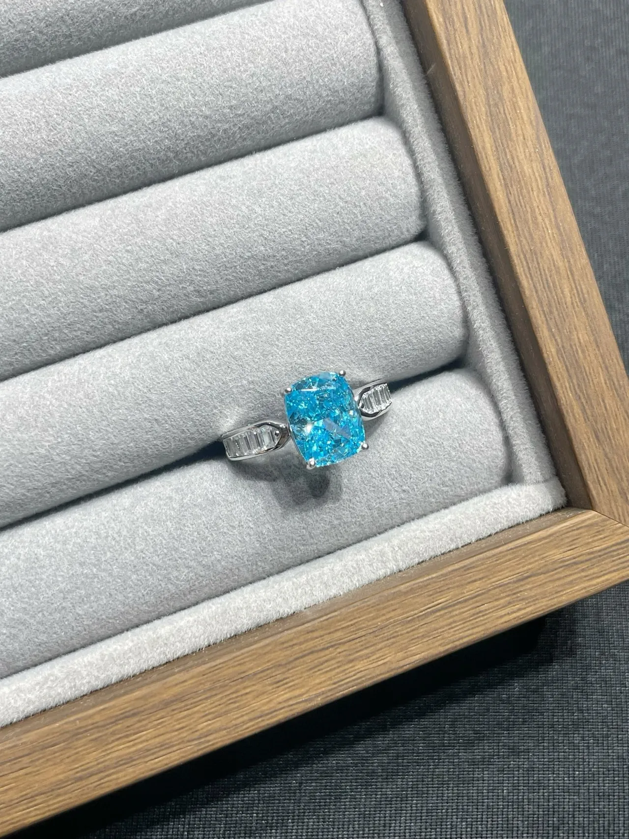 Blue Silver Cushion-Cut Central Stone Baguette Side Accents Ring